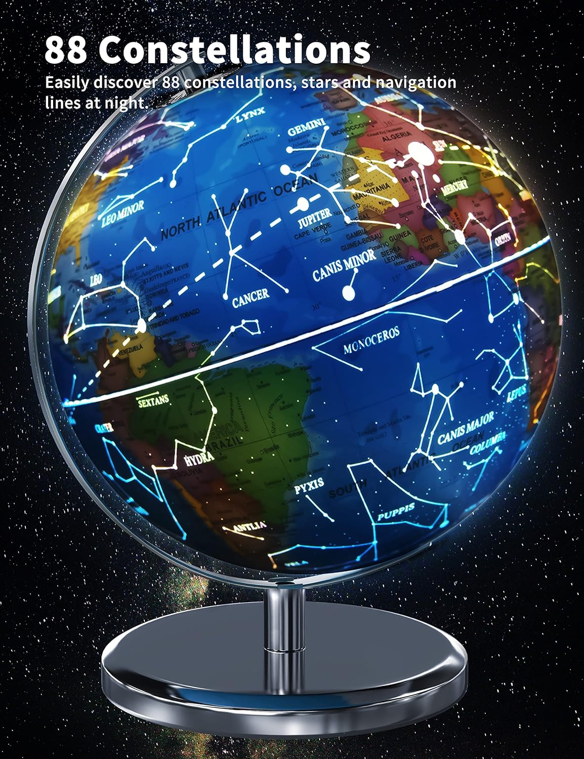 Waldauge Illuminated World Globe - 9" Earth Globe with LED Night Light & Heavy Metal Base for Kids