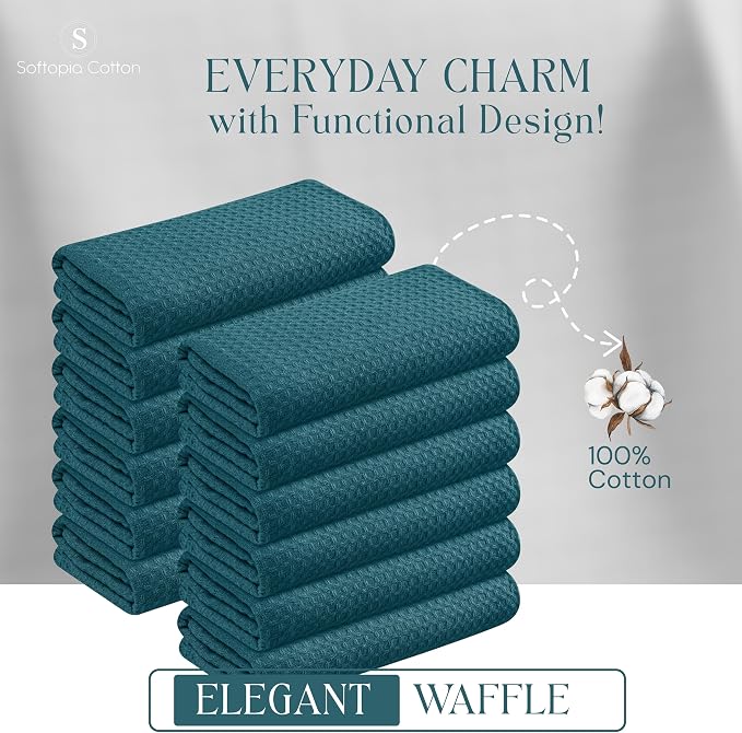 Teal Green Kitchen Towels – Waffle Weave, 100% Cotton, Soft & Absorbent, Fast Dry, Durable, 16x26 Inches, Perfect for Dish Drying, Bar, Cleaning, and Everyday Use, Set of 12, Teal