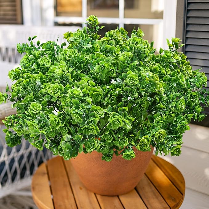 HyeFlora Artificial Plants for Outdoors Outside Spring Summer Decoration, 12 Bundles Faux Green Plastic Leaves Stems Bulk Fake Greenery Look Real UV Resistant for Home Porch Patio Planter Yard Wedding