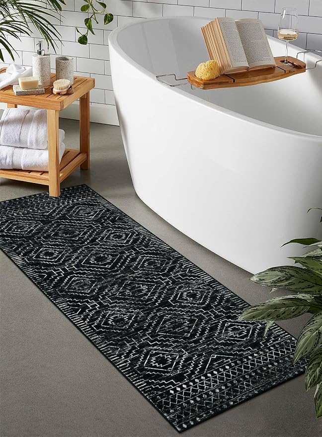 Wonnitar Washable Kitchen Runner Rug 2x6, Moroccan Black Runners for Hallway, Non Slip Bohemian Soft Bathroom Throw Mat Geometric Carpet Runner for Laundry Entryway Bedroom (Black,2'x6')