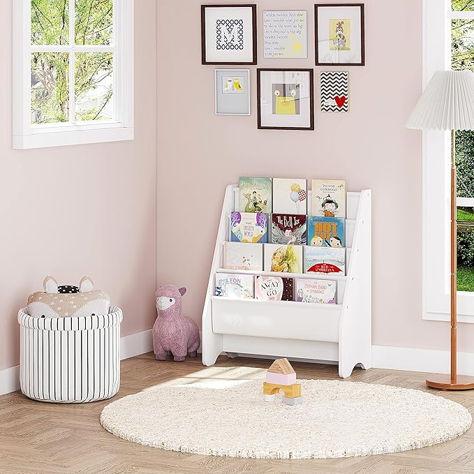 UTEX Kids Bookshelf Storage, Book Shelf for Kids Rooms, 4 Tier Sling Bookshelf for Kids, Toddler, Magazine Book Rack, Children Book Organizer, White