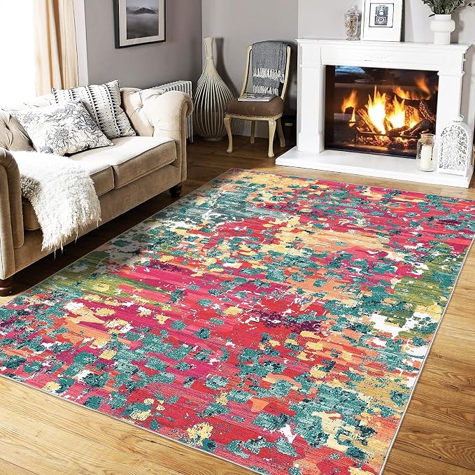 GAOMON 8x10 Rugs Modern Abstract Washable Area Rug Modern Colorful Living Room Rug Soft Thin Nursery Large Rugs Non Slip Indoor Floor Carpet for Office Dining Room, Pink/Multi