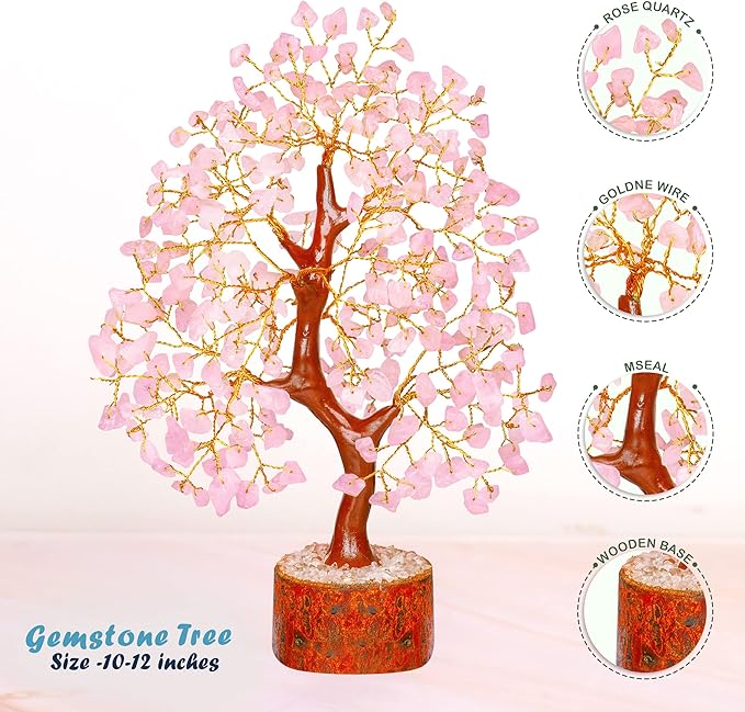 Rose Quartz Feng Shui Crystal Tree - Pink Spiritual Decor - Gemstone Bonsai Tree - Positive Energy Pink Desk Accessory