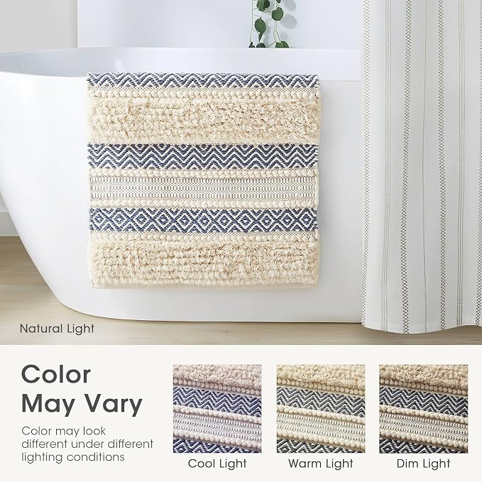 Ink+Ivy Bath Rug Hand-Woven Texture Shaggy Striped Soft & Water Absorbent, Boho Bathroom Décor Bath-Mats, Non-Slip Absorbent Quick Dry Mats for Tub, Shower Room, Asher, 20x32, Navy 1 Piece