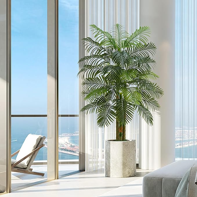 Artificial Golden Cane Palm Tree：6T Fake Large Tropical Areca Palm Trees Tall Faux Silk Plant in White Pot with Realistic Triple Textured Trunks for Office Outdoor Home Decor Hotel Patio Lobby