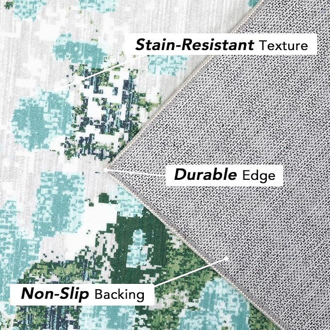 GAOMON 9x12 Washable Boho Chic Abstract Watercolor Design Area Rug Low Pile Thin Living Room Rug Non Slip Soft Bedroom Rug Abstract Accent Carpet for Dining Room Nursery, Green/Turquoise