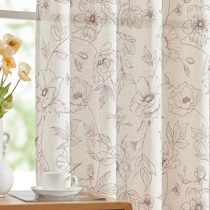 jinchan Floral Linen Curtains for Living Room 63 Inch Length Brown Flower Curtain Rod Pocket Back Tab Farmhouse Curtains with Printed Floral Bedroom Window Curtain Set, 2 Panels Brown