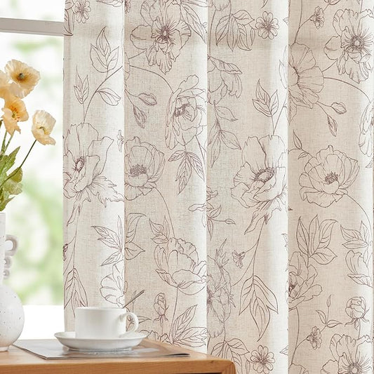 jinchan Floral Linen Curtains for Living Room 63 Inch Length Brown Flower Curtain Rod Pocket Back Tab Farmhouse Curtains with Printed Floral Bedroom Window Curtain Set, 2 Panels Brown