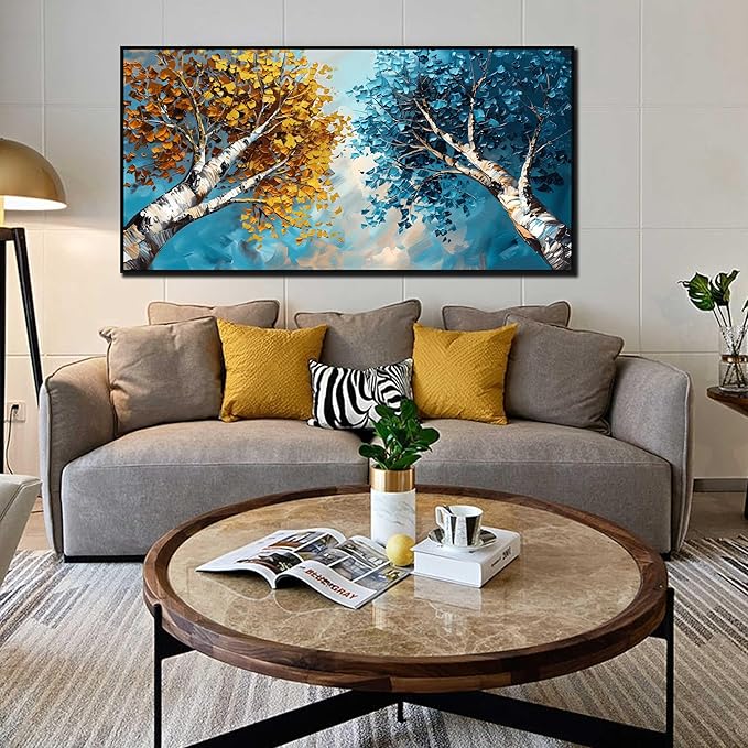 Tree Canvas Wall Art for Living Room Large Size - Yellow and Blue Bedroom Wall Art - Black Framed Wall Art Size 29" x 59"
