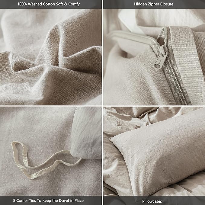 MooMee Bedding Duvet Cover Set 100% Washed Cotton Linen Like Textured Breathable Durable Soft Comfy (Heathered Tannish Linen Grey, Twin 68"x90")