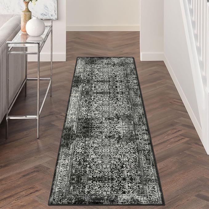 vivorug Runner Rug 2'x8' Vintage Washable Non-Slip Runners for Hallways Kitchen Entryway Laundry Room Carpet Hallway Runner, Black and White Rug
