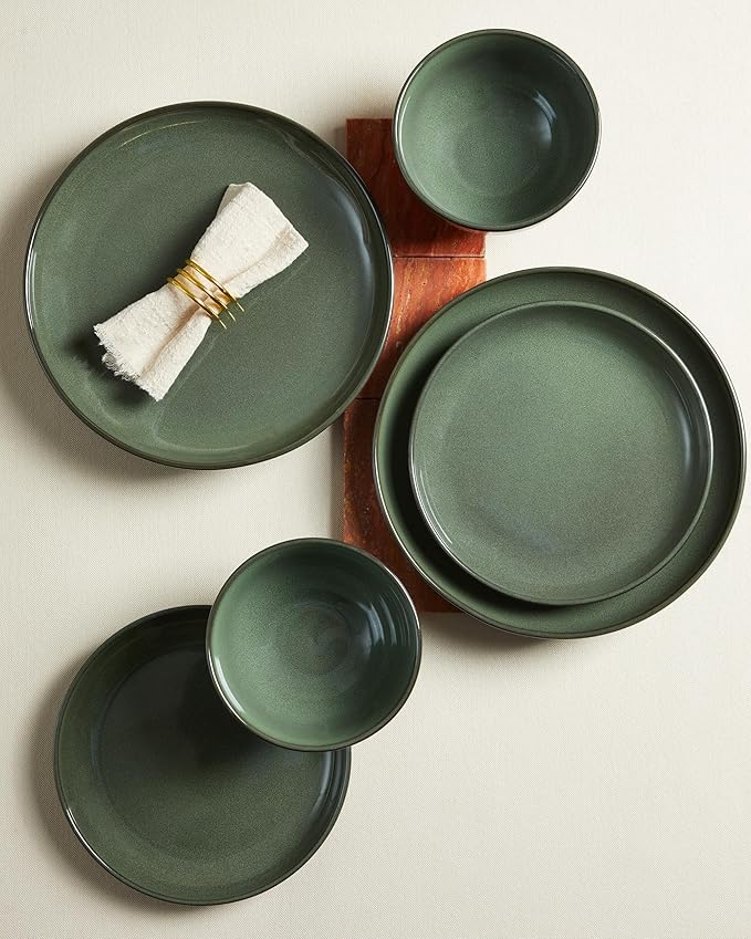 Pokini Stoneware Dinnerware Sets, Ceramic Plates and Bowls Set, Microwave & Dishwasher Safe Kitchen Dishes, Modern Dinner Salad Plates | Cereal Bowls, Dishware Sets Service for 4 Forest Green