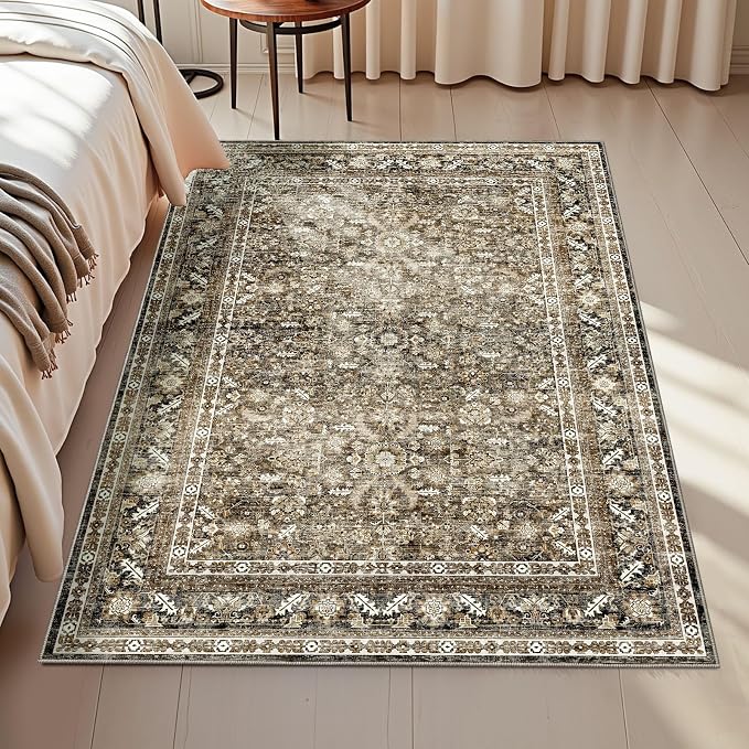 OPPODREAM Vintage Brown Area Rugs 3x5, 3 x 5 Retro Washable Rug Non Slip, Low-Pile Faux Wool Carpet, Distressed Floor Mat for Living Room, Bedroom, Kitchen, Office, Dorm, Dinning Room