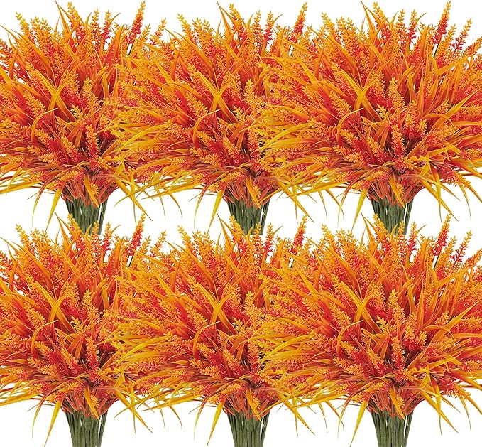 Ouddy Decor 24 Bundles Artificial Fall Flowers for Decorations, Fake Mums Faux Lavender Monkey Grass Plastic Plants UV Resistant for Garden Porch Farmhouse Autumn Harvest Thanksgiving Decor, Orange