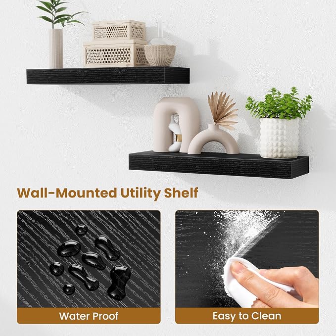 Fun Memories Floating Shelves Bathroom for Wall Mounted Shelves, 20 Inch Wood Shelf Set of 2, Home Storage & Display Decor, Black