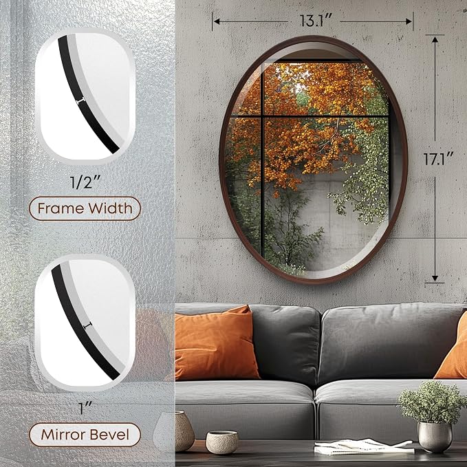 OVALCREST - Oval Wooden Beveled Wall Mirror for Home Decor, Bathroom, Vanity, Bedroom, Living Room, Hallway - London Style (Black Walnut) 17.1 x 13.1