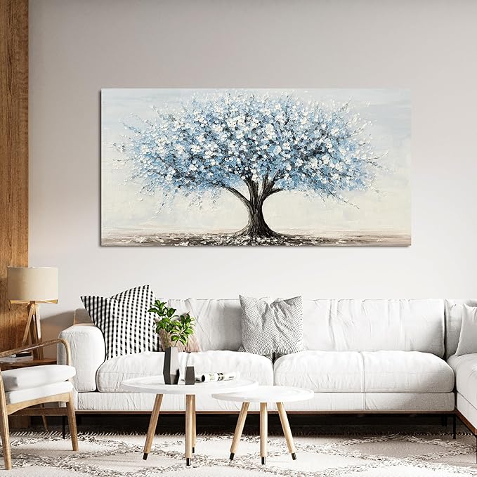 Canvas Wall Art Decor Wall Art Pictures for Living Room Vintage White Blue Wall Art Prints Tree of Life Wall Art Decorations Canvas Art Wall Decor Artwork for Walls Bedroom Office Decor 20" X 40"