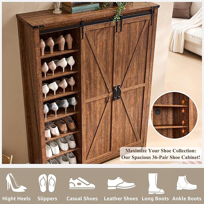 OKD Storage Cabinet with 2 Sliding Door, 7-Tier 62" Tall Farmhouse Entryway Shoe Cabinet, Freestanding Rustic Hidden Shoe Organizer for Entryway, Reclaimed Barnwood
