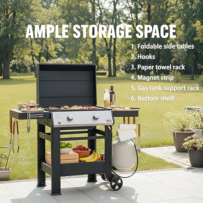 ONLYFIRE GRILLS Heavy Duty Propane Gas Griddle with Grill Cover, Premium 2-Burner Flat Top Gas Griddle with 518 sq.in Cooking Area, Foldable Side Tables, for Outdoor Patio Backyard BBQ Party, GS351