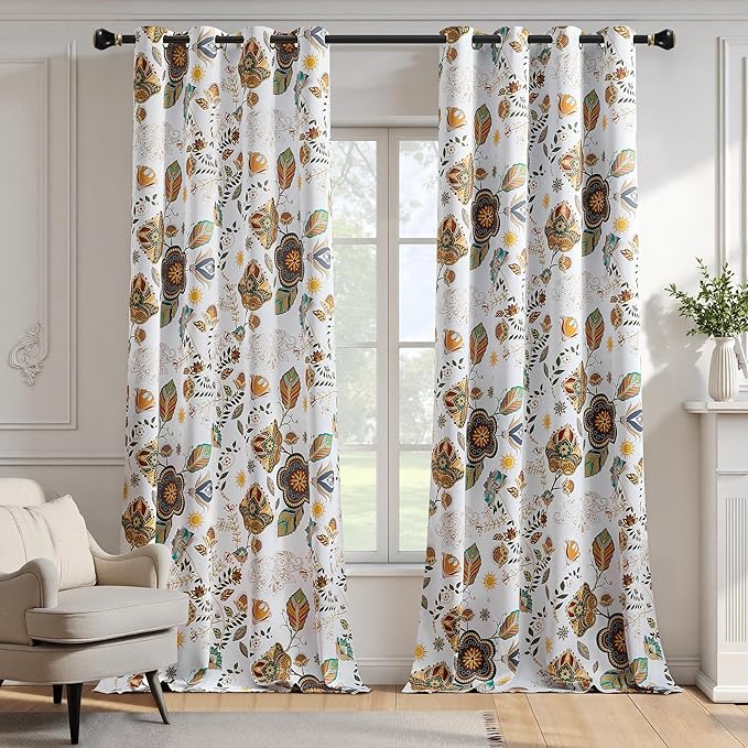 XiDi White Vintage Floral Blackout Curtains 2 Panels for Living Room Bedroom 84 Inches Long Boho Flower Leaf Patterned Curtains Thermal Insulated Mid Century Colorful Grommet Window Drapes 52x84