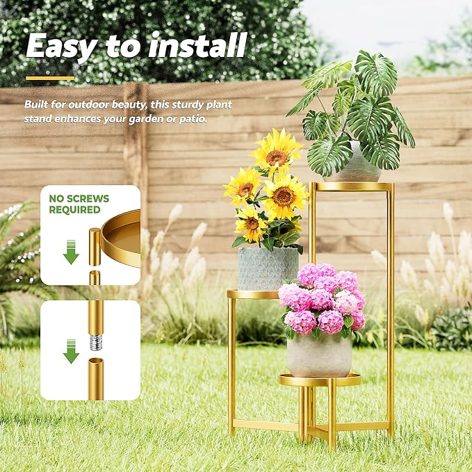 3 Tiered Plant Stand Indoor for Multiple Large Planter, Tall Heavy Duty Adjustable Folding Rack with Rustproof 7.9 Inch Wide Tray, Gold Plant Shelf for Corner Living Room - GoldDisk