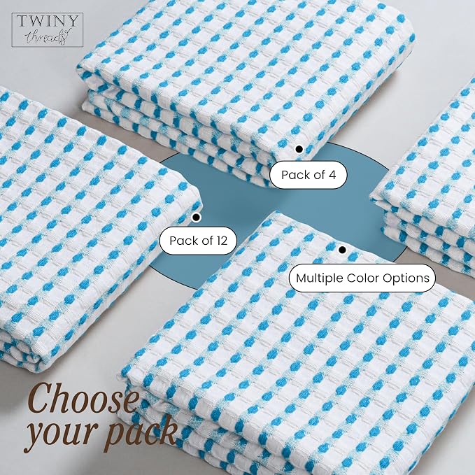 TWINY threads Waffle Weave Dish Towels Pack of 4, Large 16x26 Inches Kitchen Hand Towel Set, Super Absorbent, Fast Dry & Reusable Washcloths for Cooking, Cleaning & Drying, Turquiose Blue, White