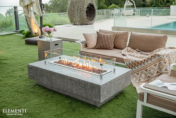 Elementi | Bundle Hampton Gas Fire Pit Cast Concrete 56" Rectangular Fire Table, Outdoor Fire Pit Electronic Ignition | Canvas Cover, Lava Rock Included | Light Gray (Natural Gas)