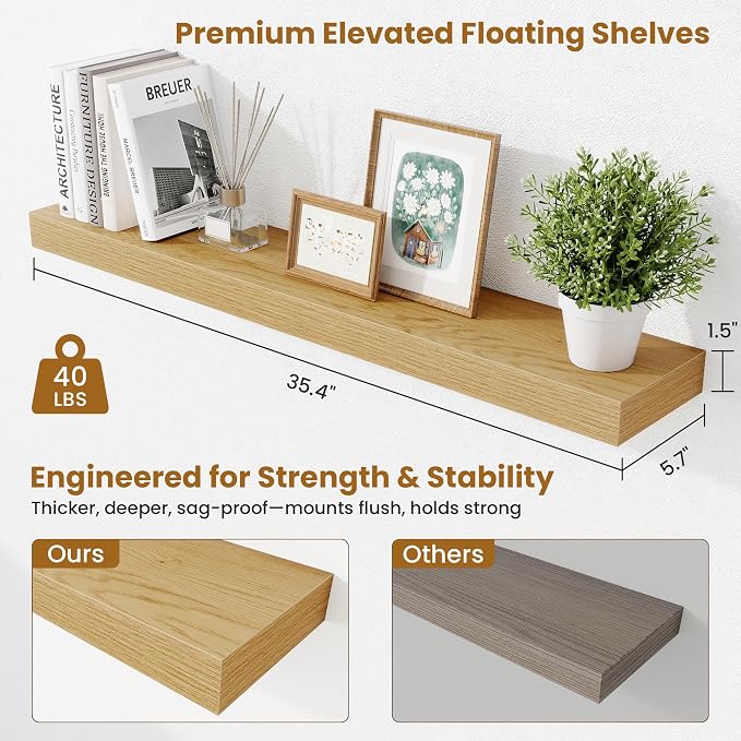 Fun Memories Floating Shelves for Room Wall, 36 Inch Long Shelf Set of 2， Hanging Wood Shelves for Storage & Display, Oak