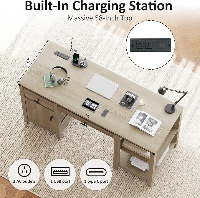 58" Executive Desk with Foldable Keyboard Tray and Charging Station, Farmhouse Wood Home Office Desk with Drawers and Magazine Rack, Large Writing Computer Desk for Home Office and Study, Brown