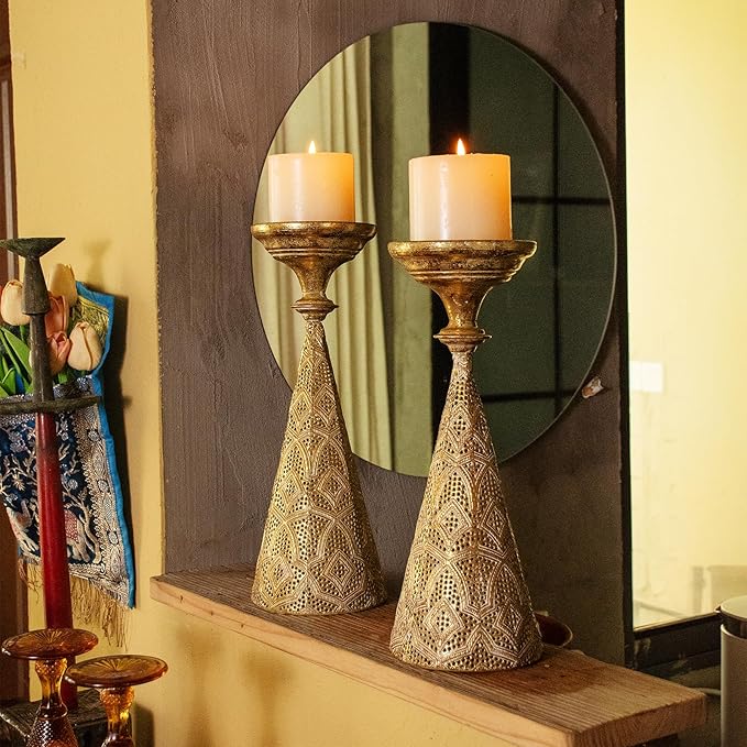 Farmhouse Gold Candle Holders for Pillar Candles, Metal Distressed Set of 2 Retro Flower Design Pillar Candle Stand Dual Use, Can be Vase Table Centerpiece Decor for Fireplace, Living, and Dining Room