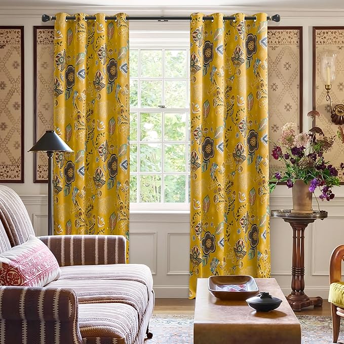 XiDi Mustard Yellow Blackout Curtains 96 Inches Long 2 Panels for Bedroom Vintage Floral Patterned Curtains Botanical Luxury Modern Living Room Dining Room Darkening Privacy Grommet Drapes 52x96 8ft