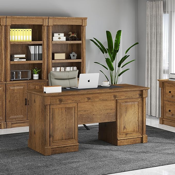 61.85″ Executive Desk with Roman Column Design, Large Boss Office Desk 3 Drawers incl. File Drawer, Keyboard Tray, Cabinet Shelf with Door, Vintage Oak