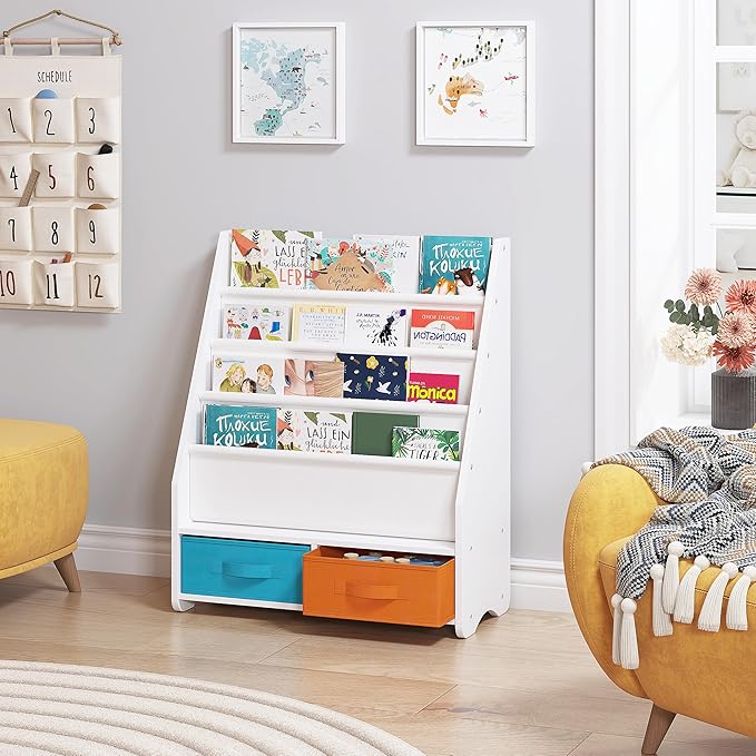 UTEX Kids Bookshelf with Storage Bins, Book Shelf for Kids Rooms, 4-Tier Toddler Sling Bookshelf for Nursery, Living Room, Bedroom, White