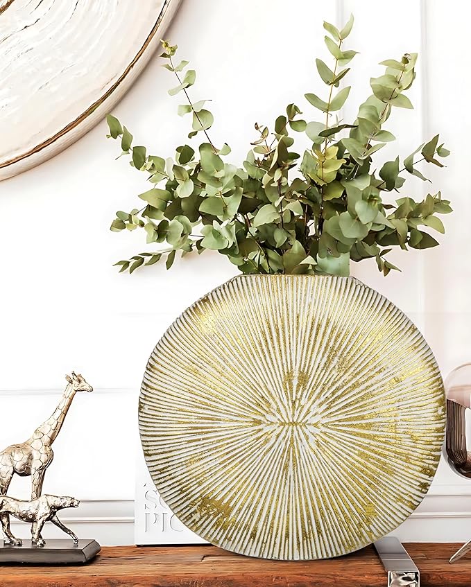 Gold Metal Vase for Home Decor – 13" x 11.8" Modern Decorative Vase for Pampas Grass, Artificial Flowers & Dried Bouquets – Elegant Textured Flower Vase for Living Room, Bedroom & Office