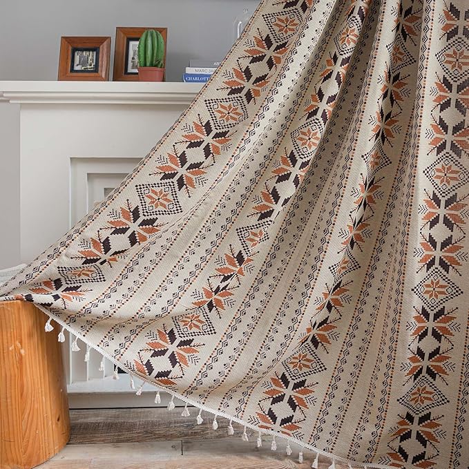 Boho Curtains 63 Inch Length 2 Panels Geometric Patterned Drapes Bohemian Semi Sheer Rod Pocket Tassel Short Window Curtain Panels for Bedroom Living Room Farmhouse Coffee Brown Vintage Rustic Curtain