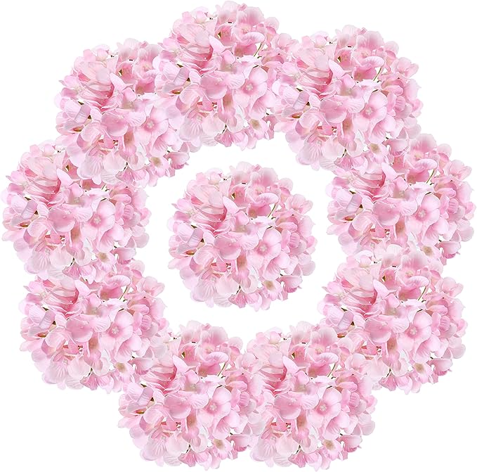 10PCS Silk Hydrangea Heads with Stems Artificial Flowers for Wedding Party Home Decor (Pink 2#)