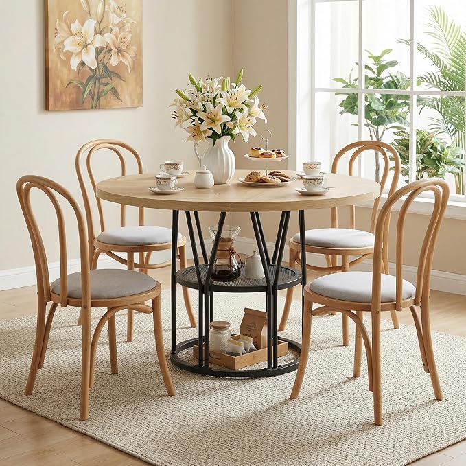 Garvee Round Dinning Table for 4-6 - 47" Circle Dinner Table with Storage Shelf & Sturdy Metal Frame, Modern Breakfast Tea Desk for Kitchen, Living Room, Apartment, Office, Natural