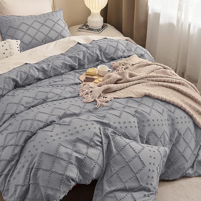 Bedsure Boho Duvet Cover Queen Size - Grey Breathable & Soft Boho Bedding, Machine Washable Comforter Cover for All Seasons, Includes 1 Duvet Cover 90"x90" with 2 Pillow Shams & Zipper Closure