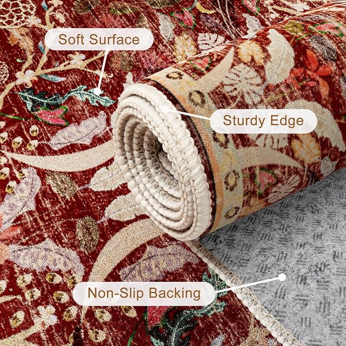 AMTOVO 2.7x8 Runner Rug for Hallway, Washable Non-Slip Long Kitchen Carpet, Floral Vintage Distressed Floor Mat for Hallways Entryway Living Room Laundry Room Bathroom Farmhouse, Red