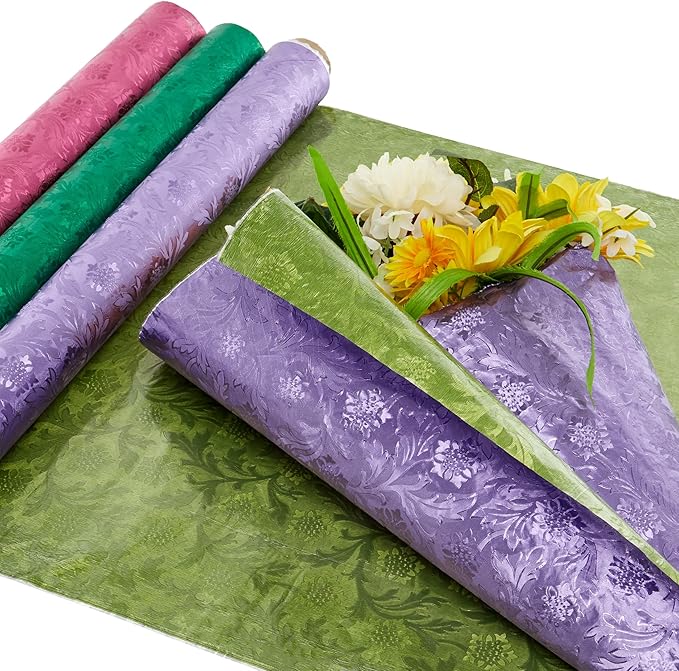 Paper Mart Black Floral Foil, 20 Inches by 10 Yards, Poly Lined, Embossed Flower Wrapping Paper for Bouquets, Plants, and Decor