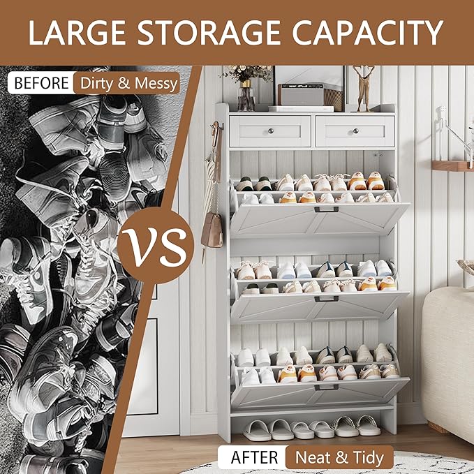 Shoe Cabinet with 3 Flip Drawers & 2 Top Drawers, 57" Tall Freestanding Narrow Wooden Shoe Storage Organizer for Entryway, Hidden Slim Shoe Rack for Front Door Entrance, Hallway, Living Room, White