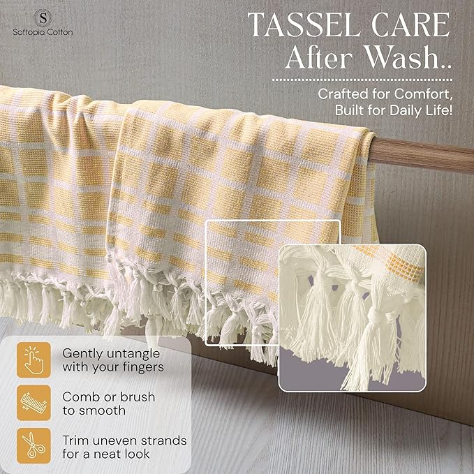 Matrix Dobby Kitchen Towels 12 Pack 100% Cotton, 16x26 Inches, Decorative Tea Towels with Handmade Tassels, Absorbent Washable Wash Cloths for Kitchen Drying - Mustard Yellow, Natural