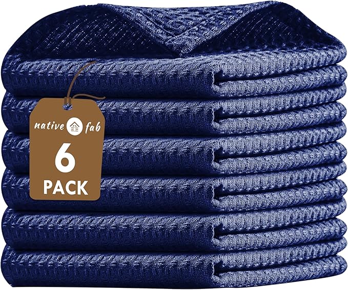 Native Fab 6 Pack Waffle Dish Cloths - 100% Cotton, 12x12 inch, Absorbent, Quick Drying, Washable Towels for Cleaning, Cooking & Baking - Perfect for Home, Restaurants, Bars, Multi Use - Indigo Blue