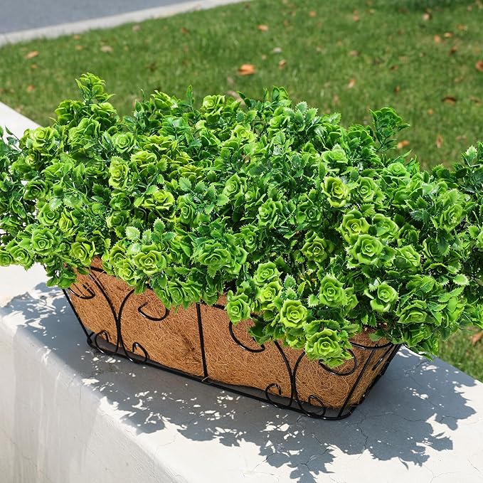 HyeFlora Artificial Plants for Outdoors Outside Spring Summer Decoration, 12 Bundles Faux Green Plastic Leaves Stems Bulk Fake Greenery Look Real UV Resistant for Home Porch Patio Planter Yard Wedding