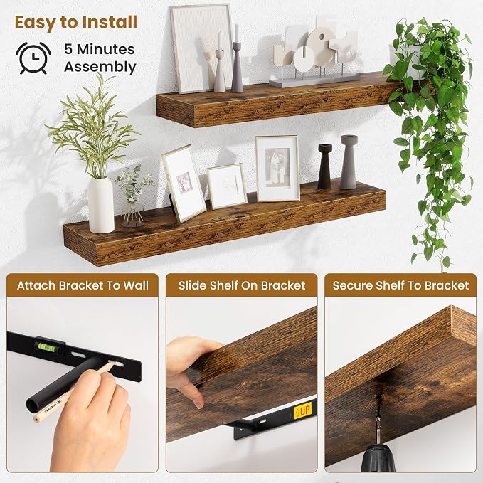 Fun Memories Floating Shelves 30 Inch, Wall Mounted Wood Shelf Set of 2, Farmhouse Decor for Bathroom, Bedroom, Kitchen, Living Room, Rustic Brown