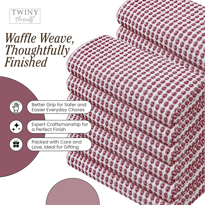 TWINY threads 4 Pack Circle Waffle Kitchen Towels 16x26 Inch, 100% Cotton, Absorbent, Premium Quality, Thick, Waffle Texture Dishcloth Set, Ideal for Drying Dishes Washing, General Cleaning, Burgundy