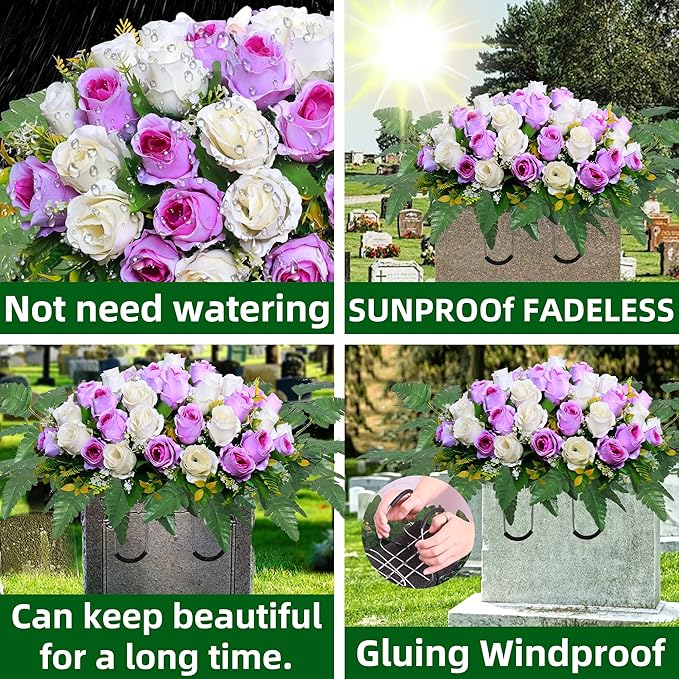 Artificial Cemetery Flower Saddles, Rose Headstone Flower Saddle Outdoor Grave Decorations,Cemetery Memorial Flowers with Vase for Grave Tombstone Decorations (Purple with white, Saddle)