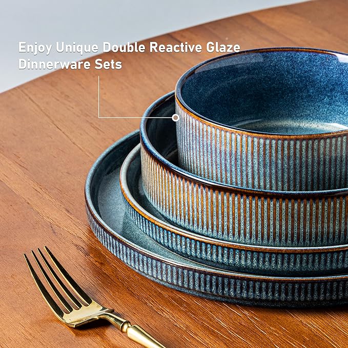 GBHOME 18-Piece Stoneware Dinnerware Set for 6 – Ribbed Ceramic Plates and Bowls, Scratch-Resistant, Microwave & Dishwasher Safe, Reactive Glaze, Ceylon Blue