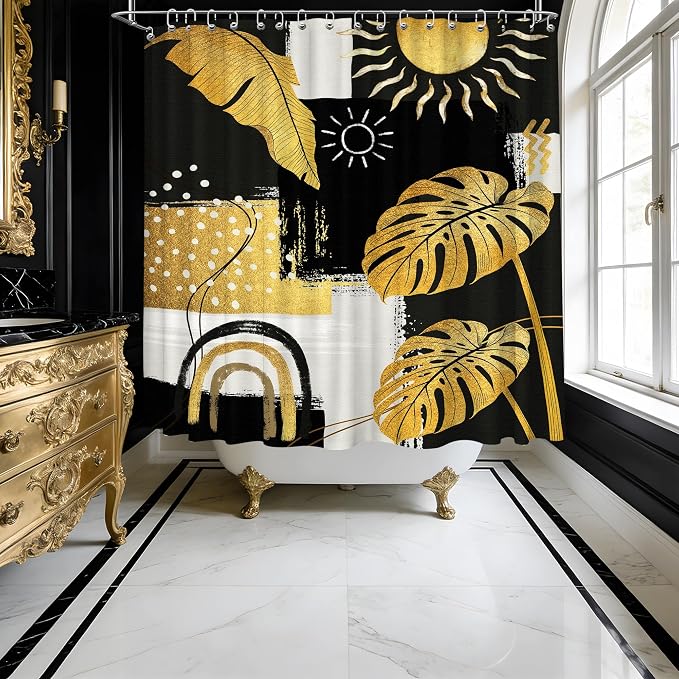 Extra Long Shower Curtain Extra Tall Black and Gold XL Abstract Dark Mens Shower Curtains for Large Bathroom Decor Sets, Waterproof Cloth Fabric with Hooks, 108x72 Inch