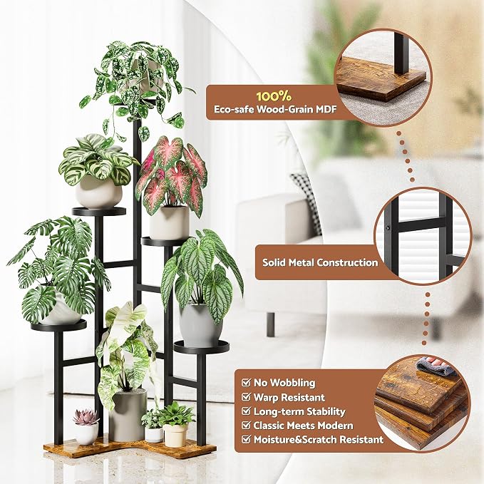 5 Tiered Plant Stand Indoor with 7.1 Inch Wide Tray, Corner Metal Plant Stand Outdoor Tall Flower Holder Stand, Tall Rack for Display Shelf for Patio Porch Office LivingRoom - BlackDisk